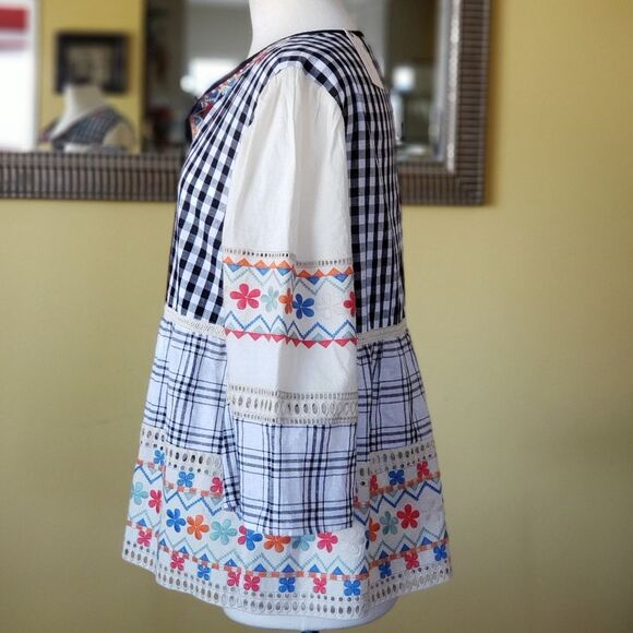 Daniel Rainn Tie Neck Gingham Embroidered Floral Eyelet 100% Cotton Top Large - Picture 2 of 12